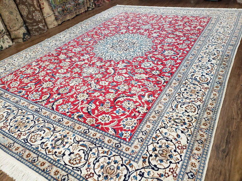 Persian Nain Rug 8x12, Red and Ivory, Signed by Jewel Rugs