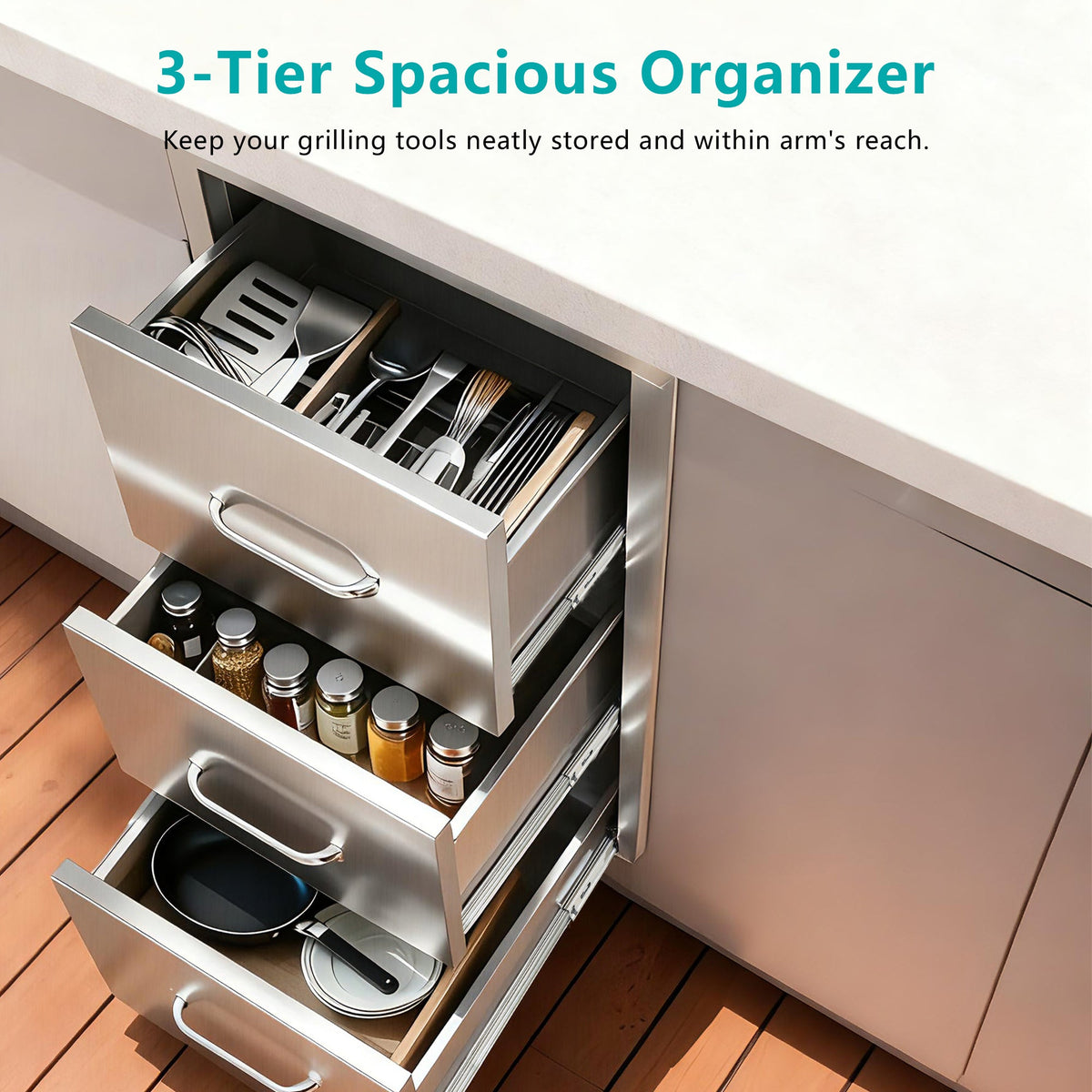 Outdoor Kitchen Drawers Stainless Steel, Flush Mount Triple Drawer,  18Wx23Hx23D with Stainless Steel Handle, BBQ Drawers for Outdoor Kitchens or BBQ Island, photo 9 of 10