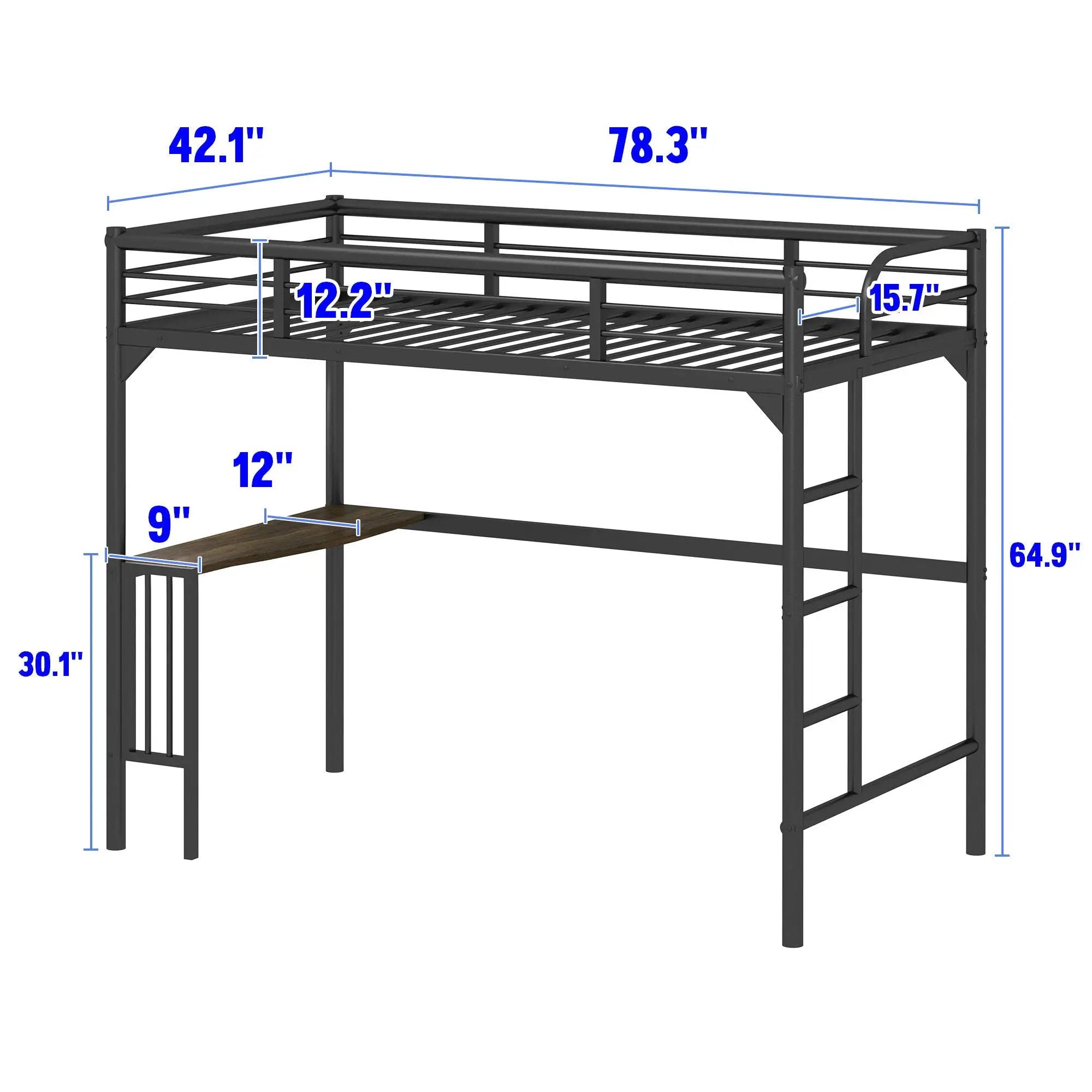 Twin Metal Loft Bed With Desk, Ladder And Guardrails, Bookdesk Under Bed - Black by Unique Piece Furniture