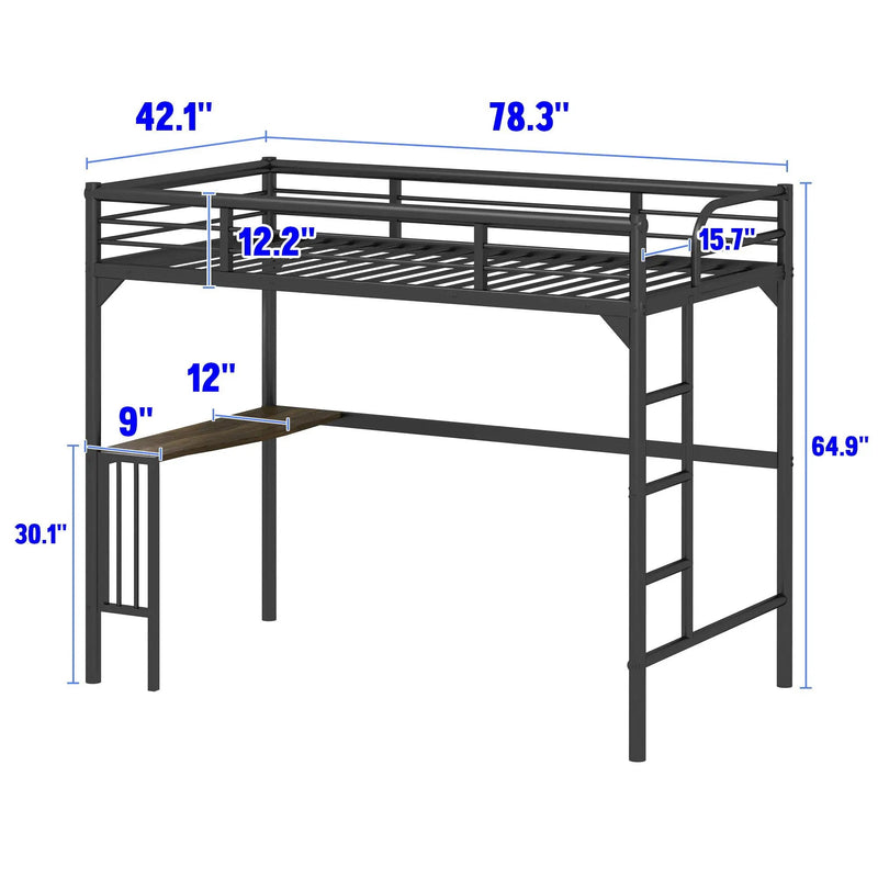 Twin Metal Loft Bed With Desk, Ladder And Guardrails, Bookdesk Under Bed - Black by Unique Piece Furniture