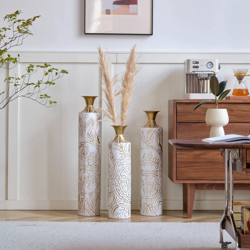 Floor Metal Vases Decorated Metal Vases (Set of 3) Gorgeous Home Decoration Large Glazed Metal Vases - White / Gold by Unique Piece Furniture