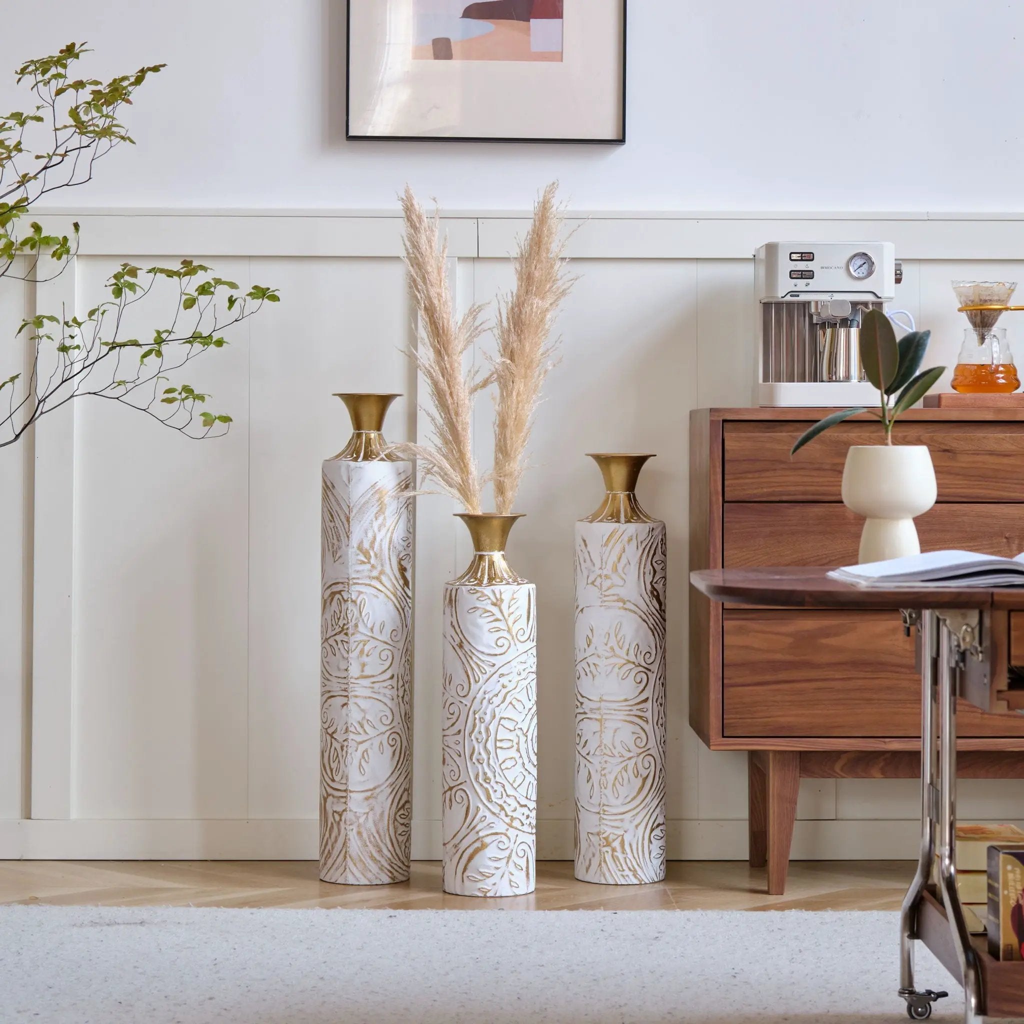 Floor Metal Vases Decorated Metal Vases (Set of 3) Gorgeous Home Decoration Large Glazed Metal Vases - White / Gold by HouseOfZazla