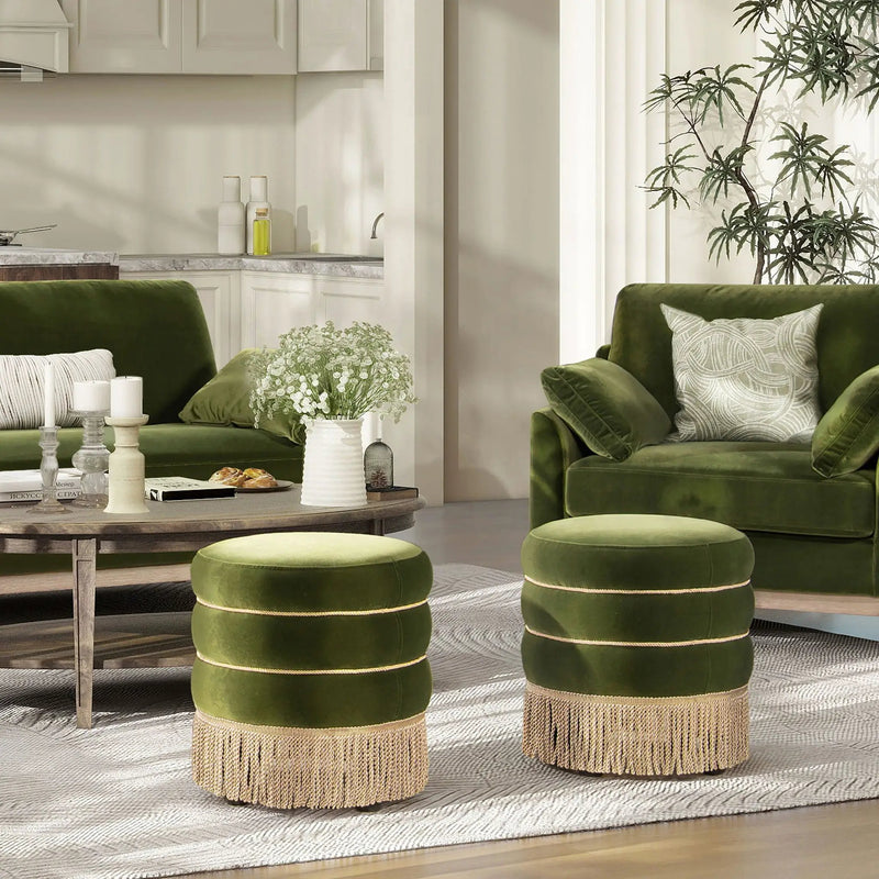 Edward - Round Upholstered Ottoman With Bullion Fringe - Olive Green by HouseOfZazla