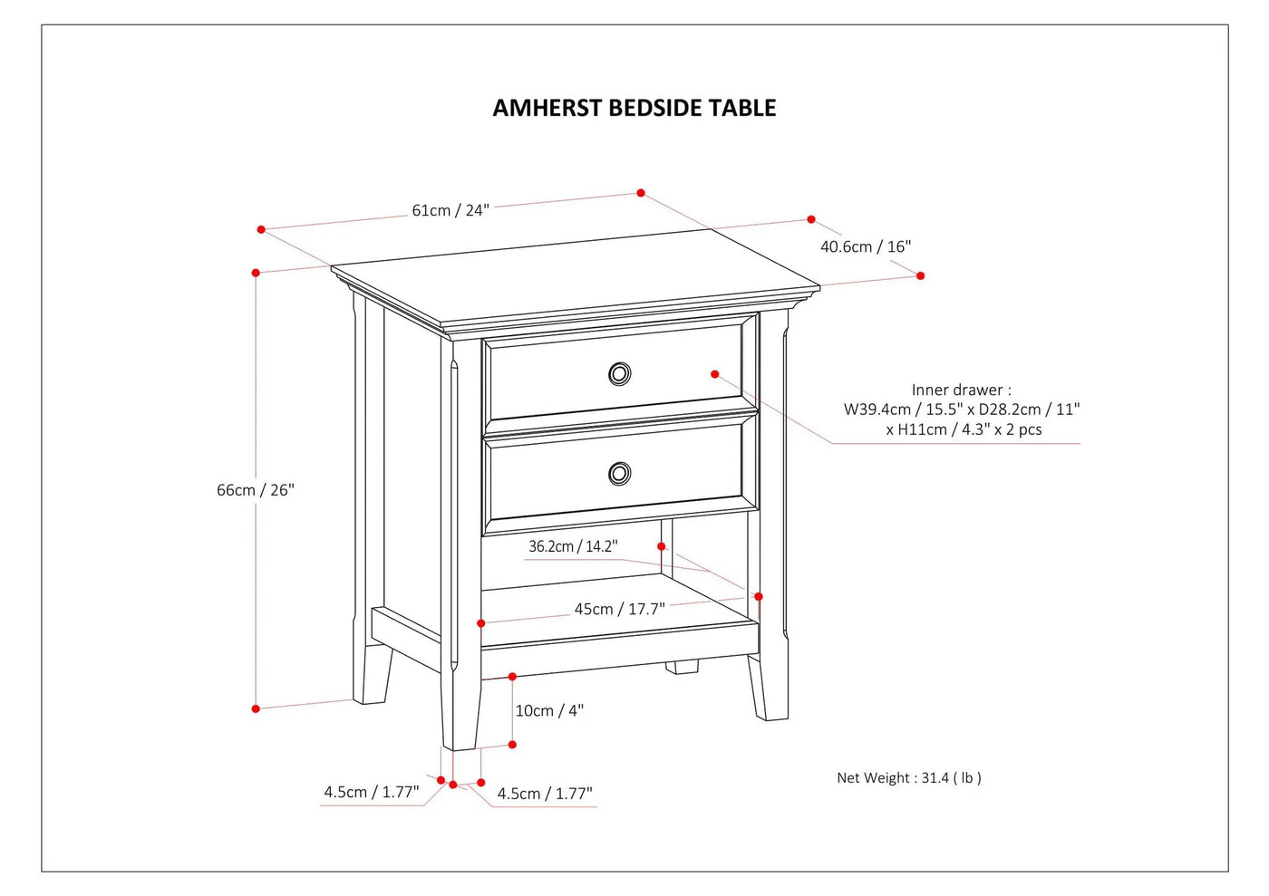 Amherst - Bedside Table, Handcrafted by Unique Piece Furniture