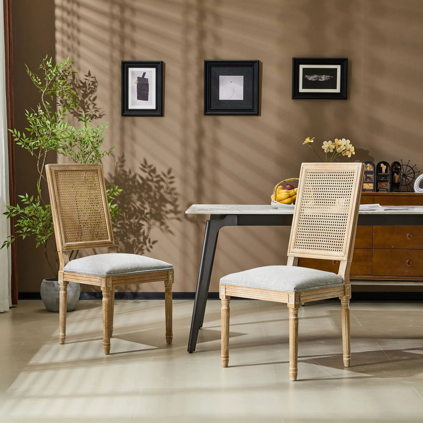 French Country Dining Chair With Rectangular Cane Backrest And Smooth Upholstered Seating by HouseOfZazla