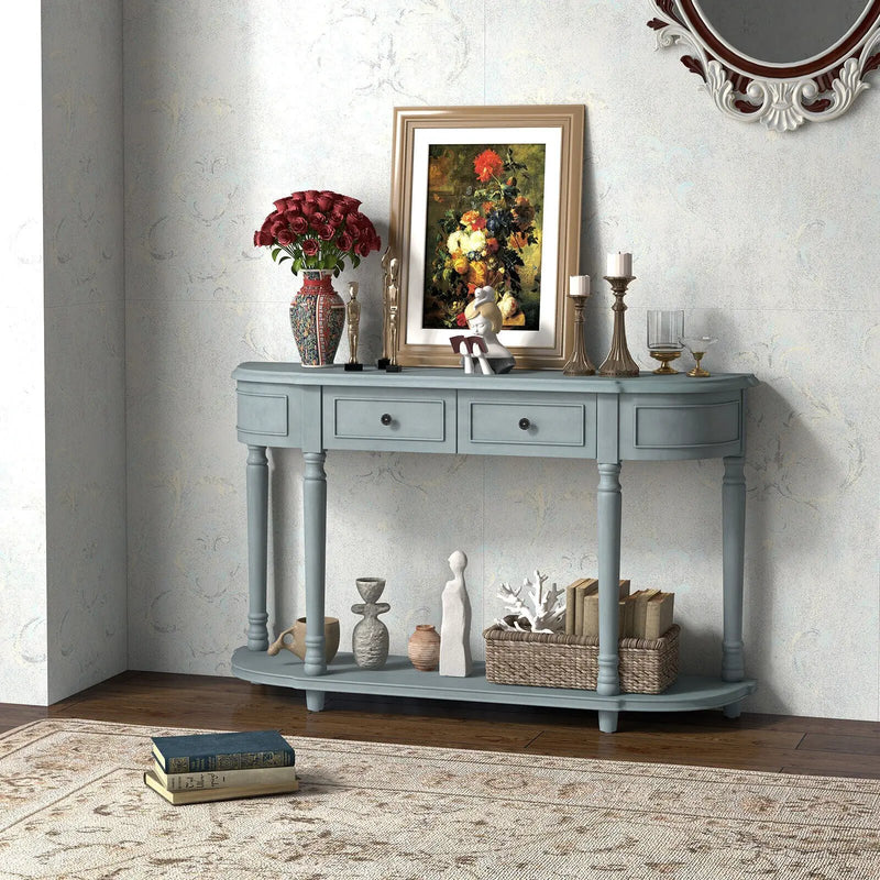 52 Inch Retro Console Table with 2 Drawers and Open Shelf Entryway Sofa Table-Blue by DirectDeals