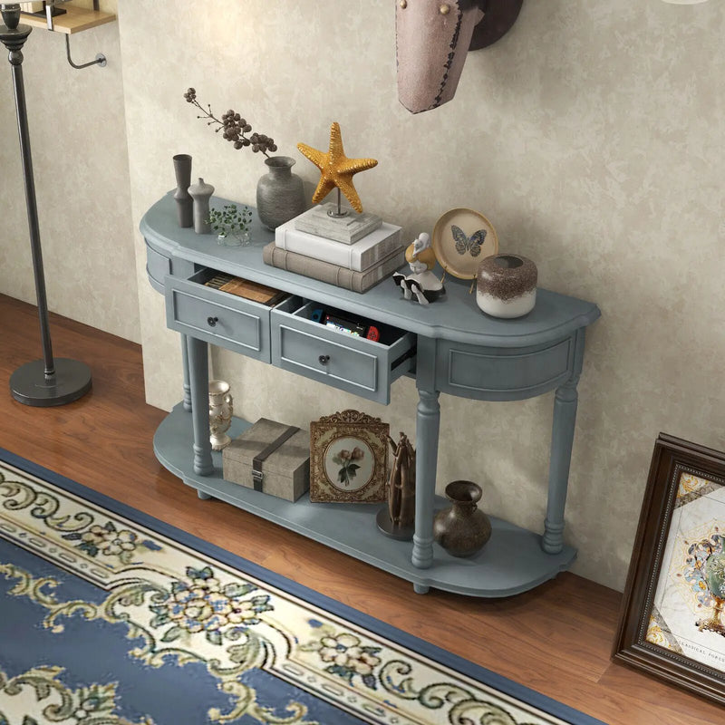 52 Inch Retro Console Table with 2 Drawers and Open Shelf Entryway Sofa Table-Blue by DirectDeals
