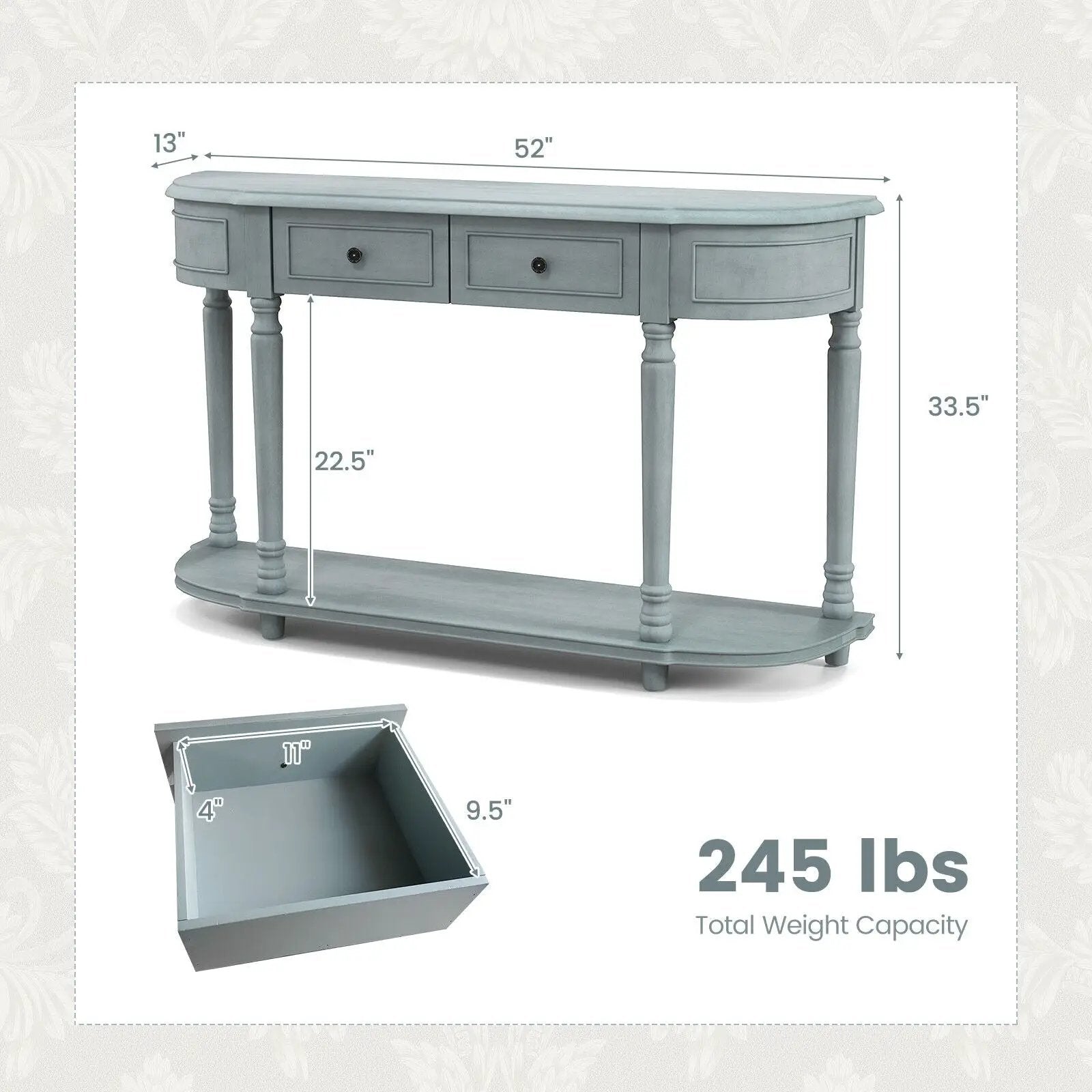 52 Inch Retro Console Table with 2 Drawers and Open Shelf Entryway Sofa Table-Blue by DirectDeals
