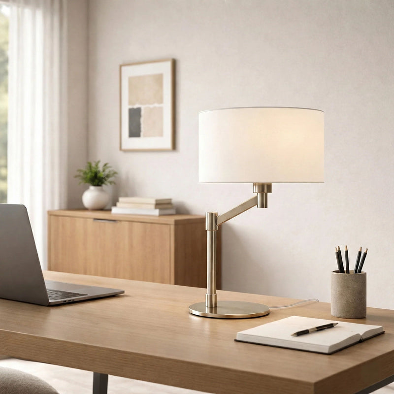 Horizon - Table Lamp With On / Off Switch Curved Base Linen Shade - Brushed Nickel / Silver / White, photo 4 of 7