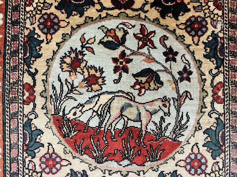 Silk Turkish Rug 2x4, Fine Handmade Oriental Rug, Animal Pictorial Birds Silk Pile on Silk Foundation Vintage Hand Knotted Hereke Carpet by Jewel Rugs
