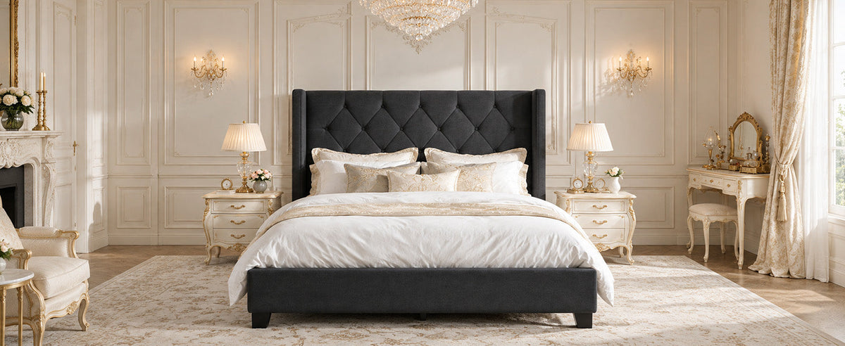 Modern Queen Size Platform Bed Frame with Tufted Velvet Headboard, photo 4 of 10