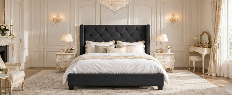 Modern Queen Size Platform Bed Frame with Tufted Velvet Headboard, photo 4 of 10