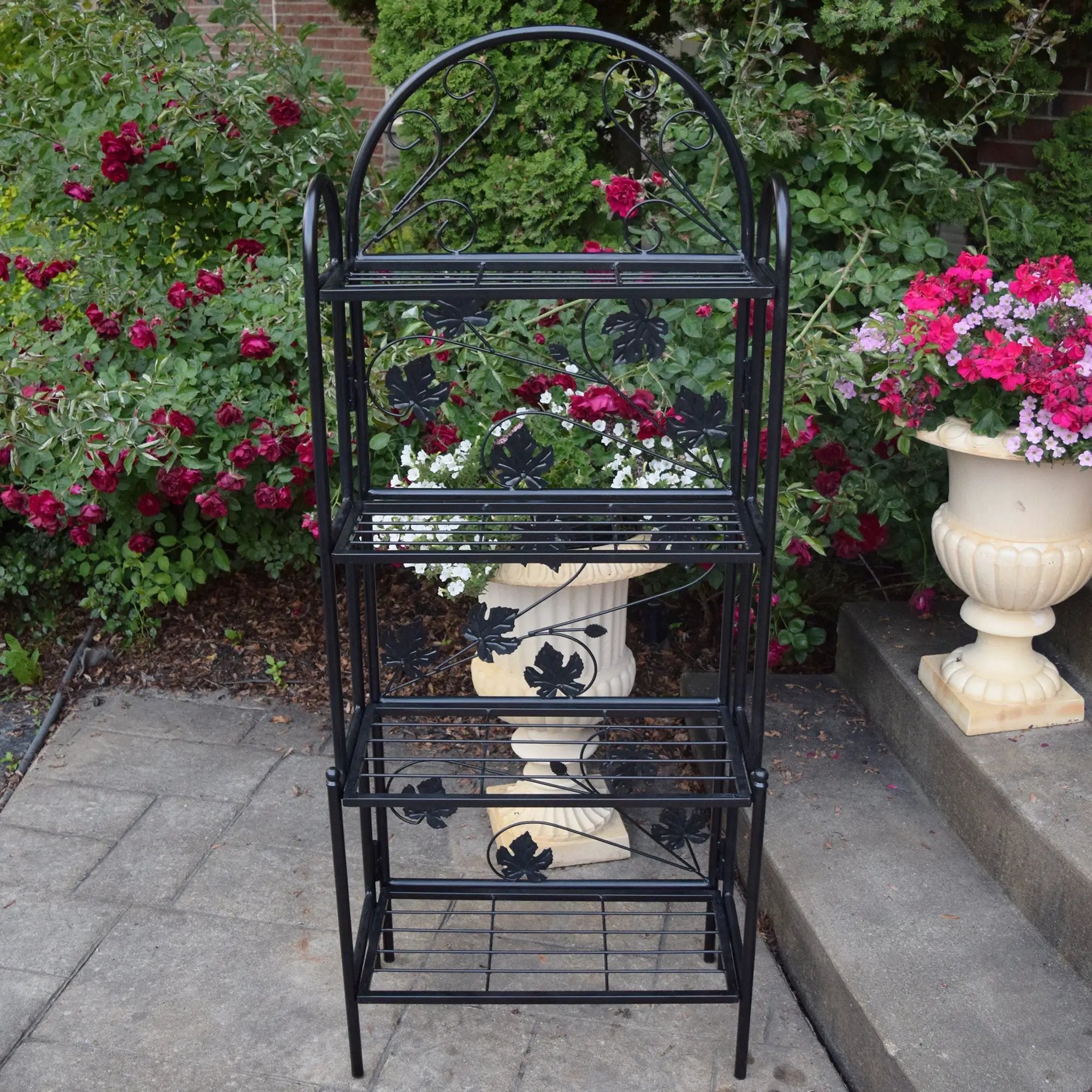 4-Tier Black Bakers Rack Plant Stand with Leaves by Sharicks
