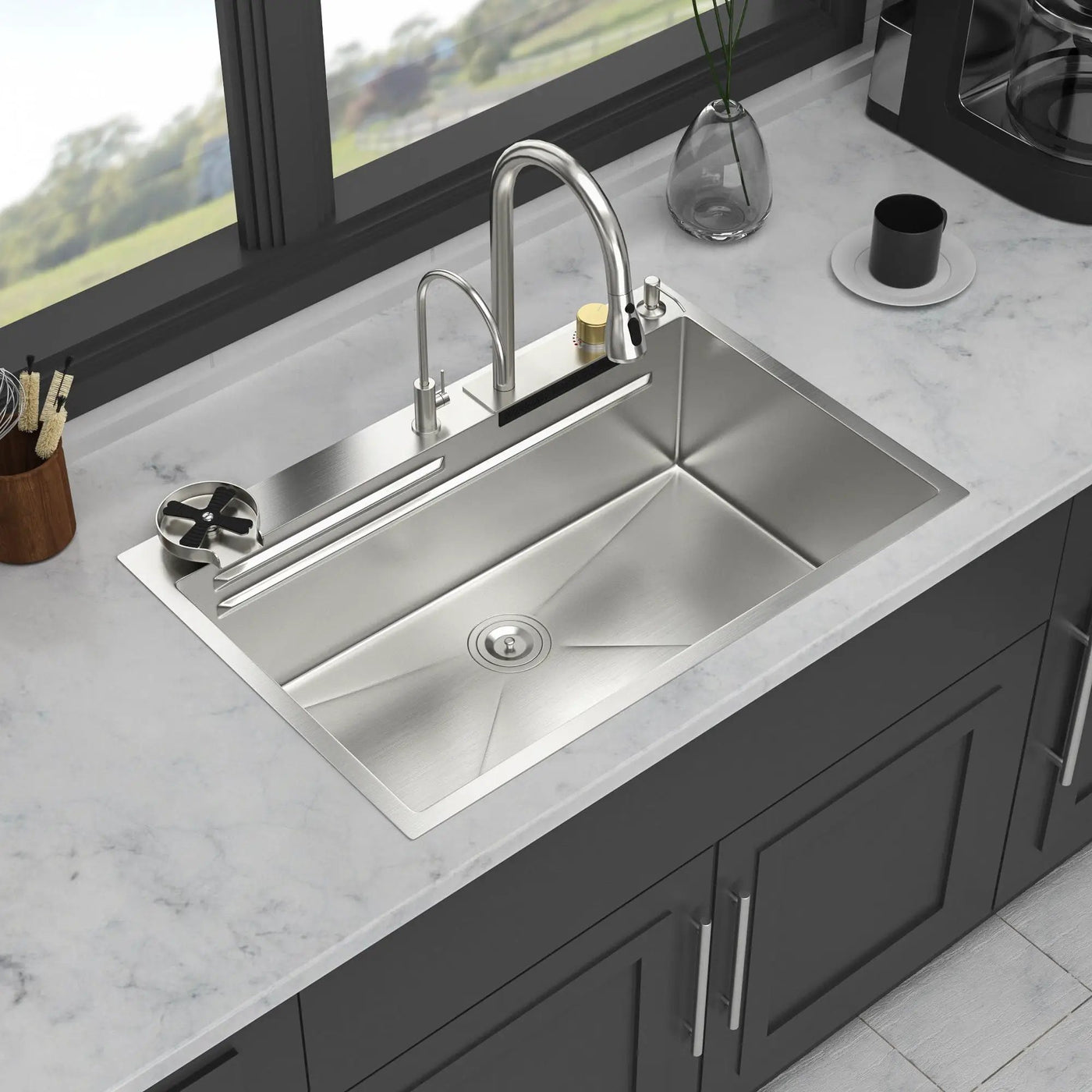 Waterfall Kitchen Sink With Pull Out Faucet & Cup Washer by HouseOfZazla