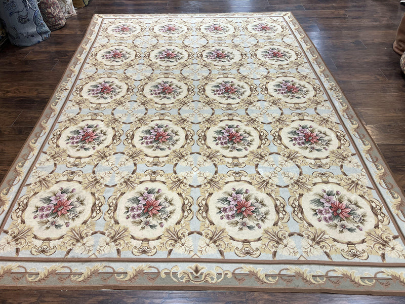Chinese Needlepoint Rug 8x11, Handmade Wool Needlepoint Carpet, Vintage, Sky Blue by Jewel Rugs