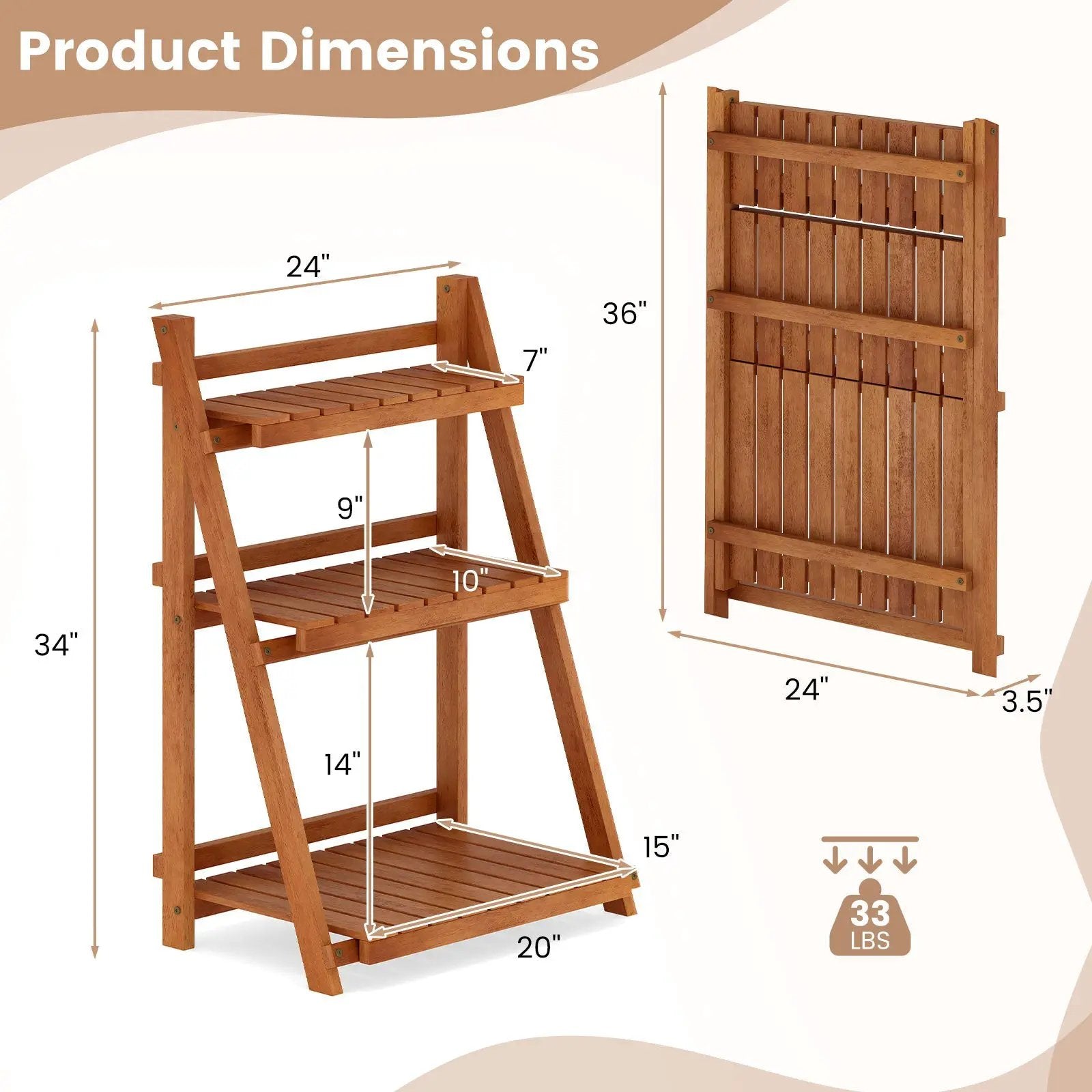 Foldable 3-Tier Solid Wood Plant Stand for Patio Balcony by DirectDeals
