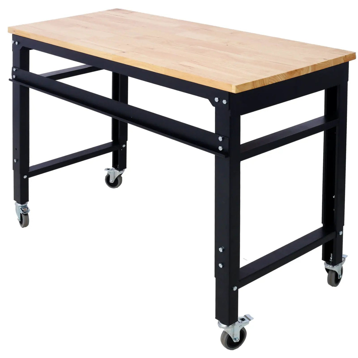 Wide Rolling Workbench For Garage, Adjustable Height, Workshop Tool Bench, Metal With Rubber Wood Top by HouseOfZazla