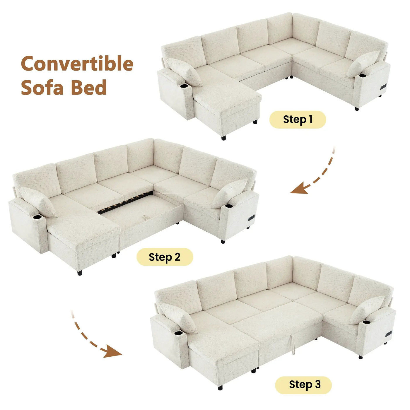 U-Shaped Sectional Sleeper Sofa With Ample Storage Space, 2 Cup Holders And Charging Ports For Living Room by HouseOfZazla
