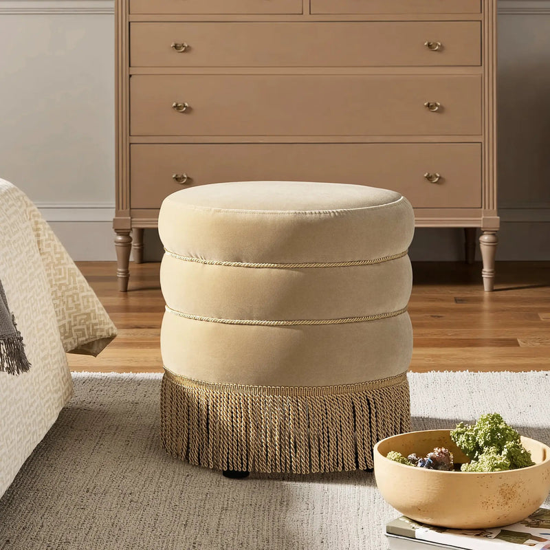 Edward 17.5" Round Upholstered Ottoman with Bullion Fringe by HouseOfZazla