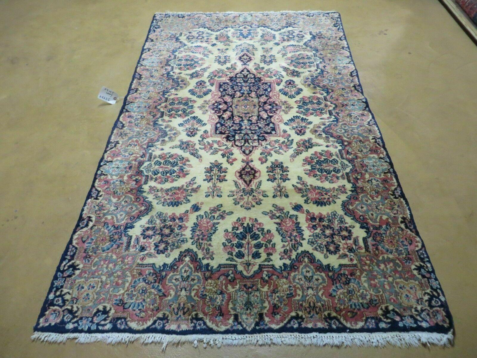 Antique Persian Kirman Rug 3.9 x 6.6, Floral Oriental Carpet, Ivory/Cream - Blue - Pink, Hand Knotted Wool Rug, Floral Medallion Rug 4x6 by Jewel Rugs