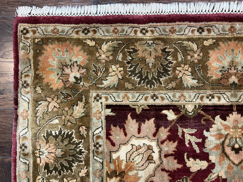 Indo Mahal Rug 6x9, Large Flowers Allover, Maroon and Green, Handmade Wool Area Rug, Vintage Rug, Indian Oriental Carpet, Hand Knotted Rug by Jewel Rugs