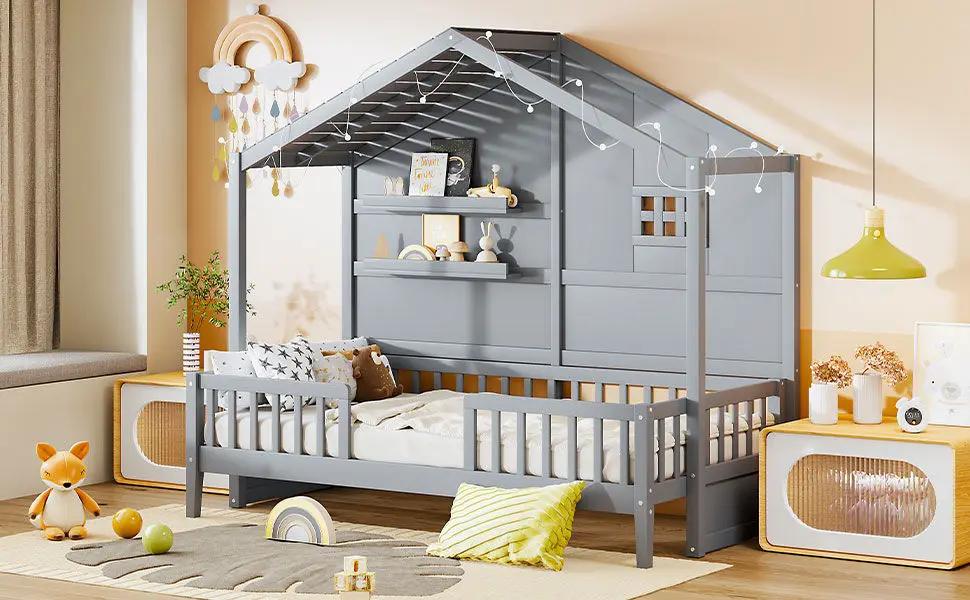 House Bed With Shelves, Window And Sparkling Light Strip On The Roof by HouseOfZazla