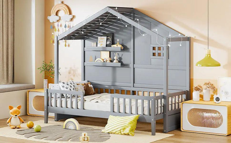 House Bed With Shelves, Window And Sparkling Light Strip On The Roof by HouseOfZazla