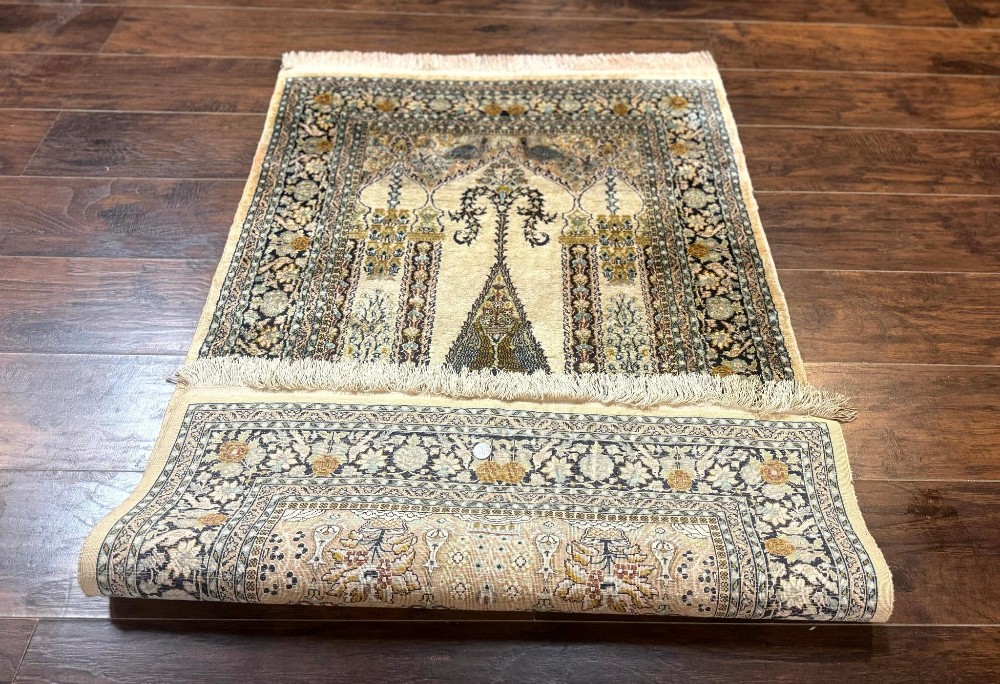 Silk Indian Kashmiri Rug 3x4, Very Fine 400 KPSI, Silk Prayer Rug, Handmade by Jewel Rugs