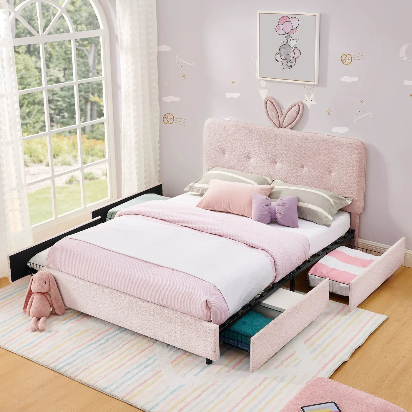 Upholstered Bed With Oversized Rabbit Ear Headboard, LED Lights & 4 Storage Drawers by HouseOfZazla