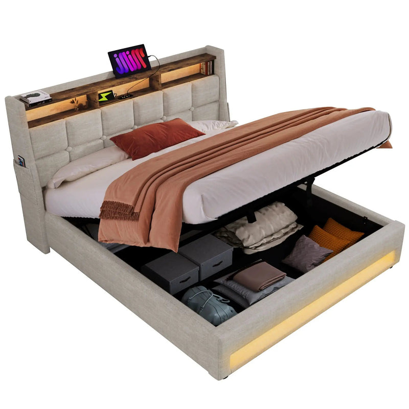 Platform Bed With Hydraulic Storage, LED Lighting & Charging Station by HouseOfZazla