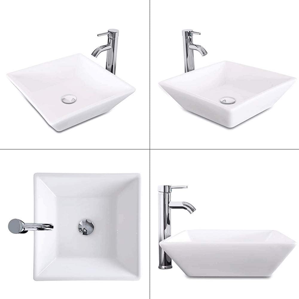 Square Bathroom Vessel Sink - White Porcelain Counter Bowl For Bathroom Vanity - White by HouseOfZazla