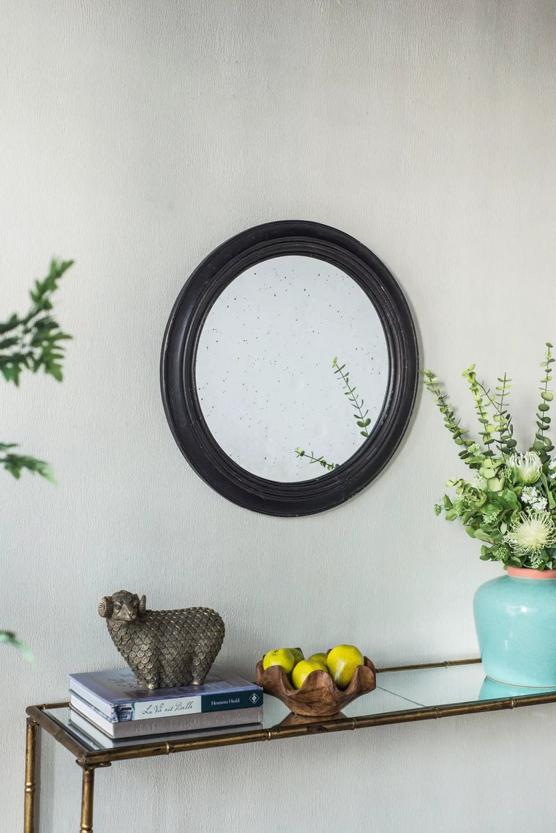 Circle Wall Mirror With Wooden Frame, Antique Classic Accent Mirror, For Living Room - Black by Unique Piece Furniture