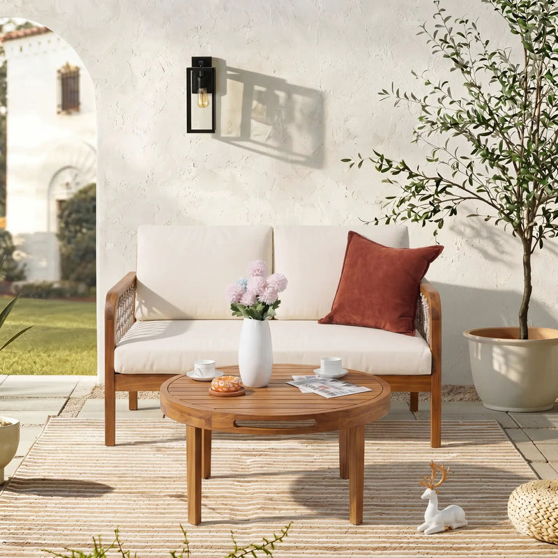 Outdoor Acacia Wood Loveseat & Coffee Table Set with Handwoven Rope, Teak Finish by HouseOfZazla