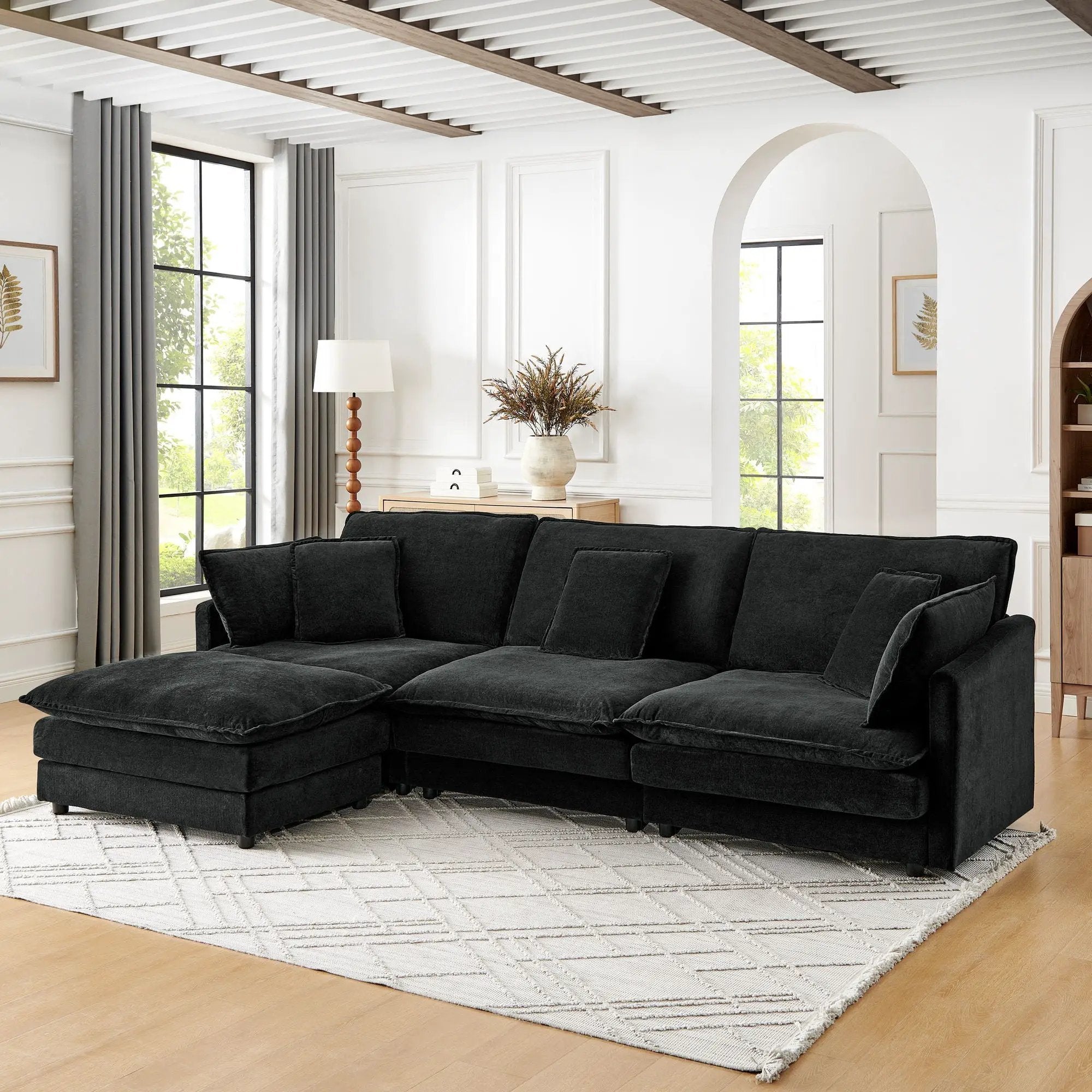 L-Shaped Sectional Sofa With Ottoman, Convertible 4 Seater Couch by HouseOfZazla