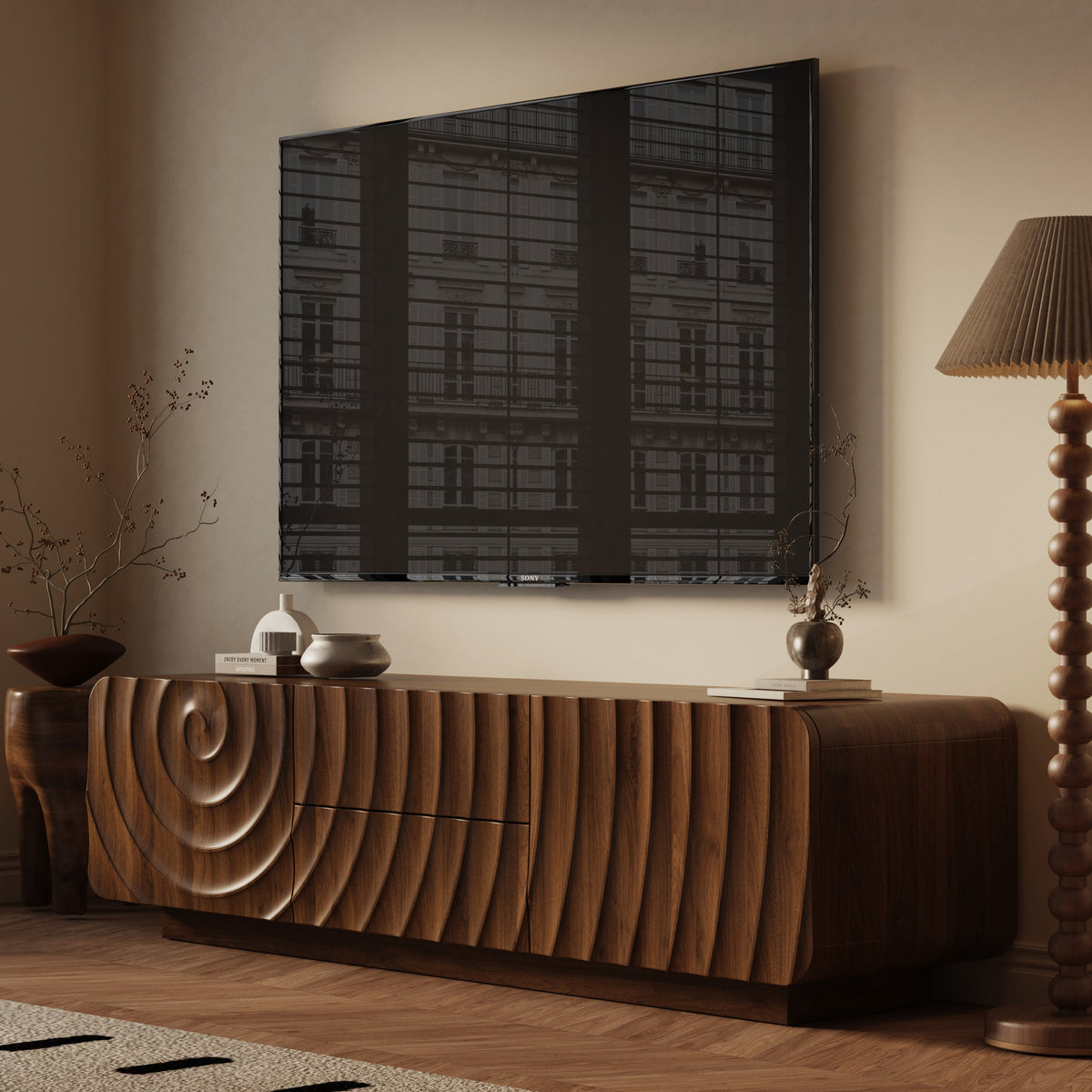 58" Spiral Wave TV Console with Storage Cabinet and 2 Drawers - Natural Finish, photo 3 of 10