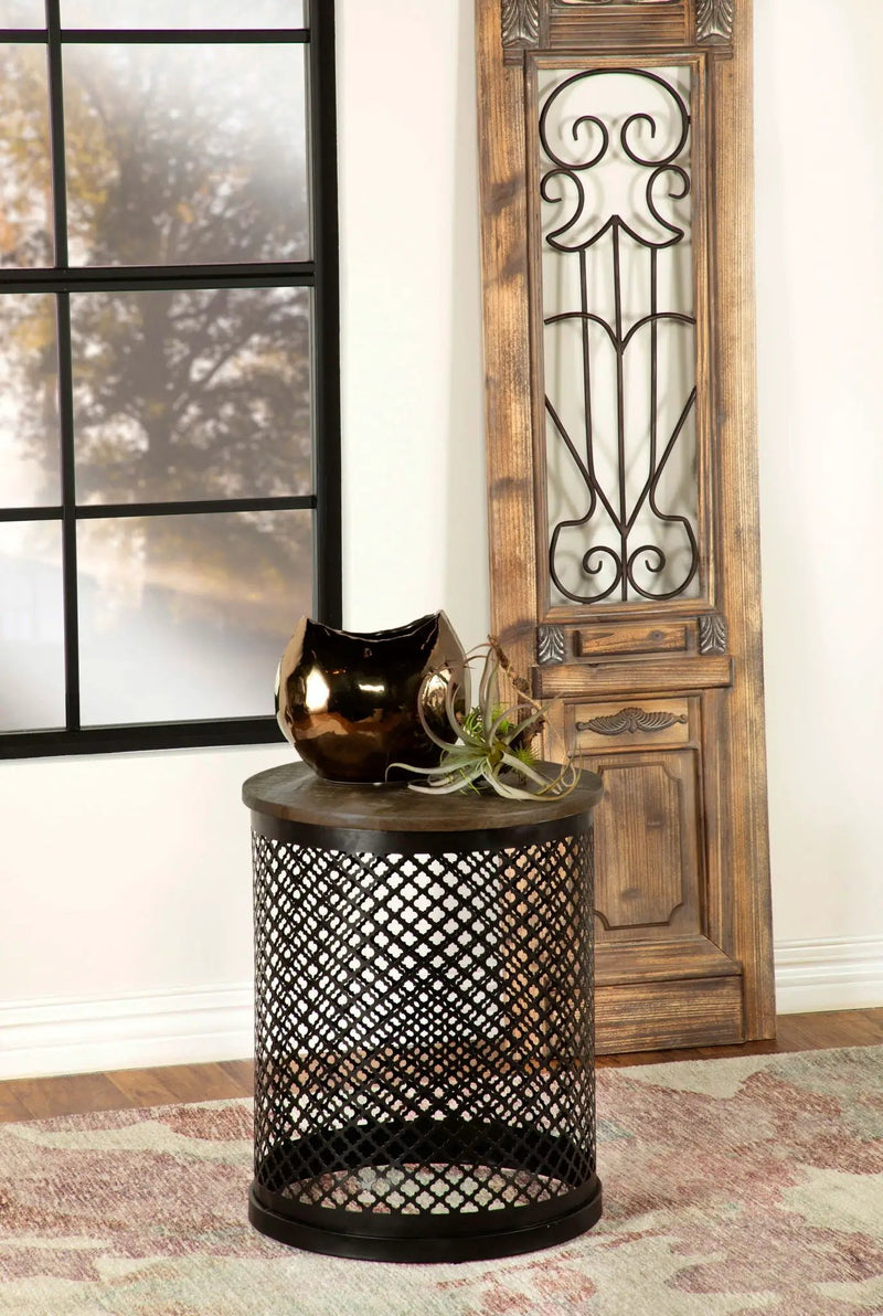 Aurora Round Drum Base Accent Side Table Natural and Black by Unique Piece Furniture