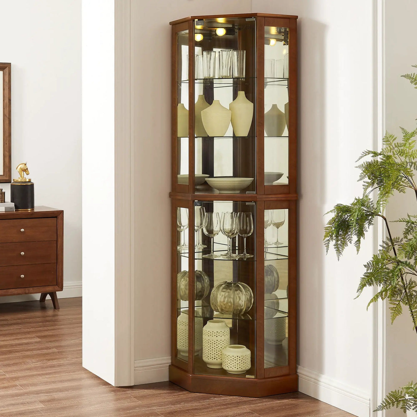 6 Shelf Corner Curio Display Cabinet With Lights, Mirrors And Adjustable Shelves (E26 Light Bulb Not Included) by Unique Piece Furniture