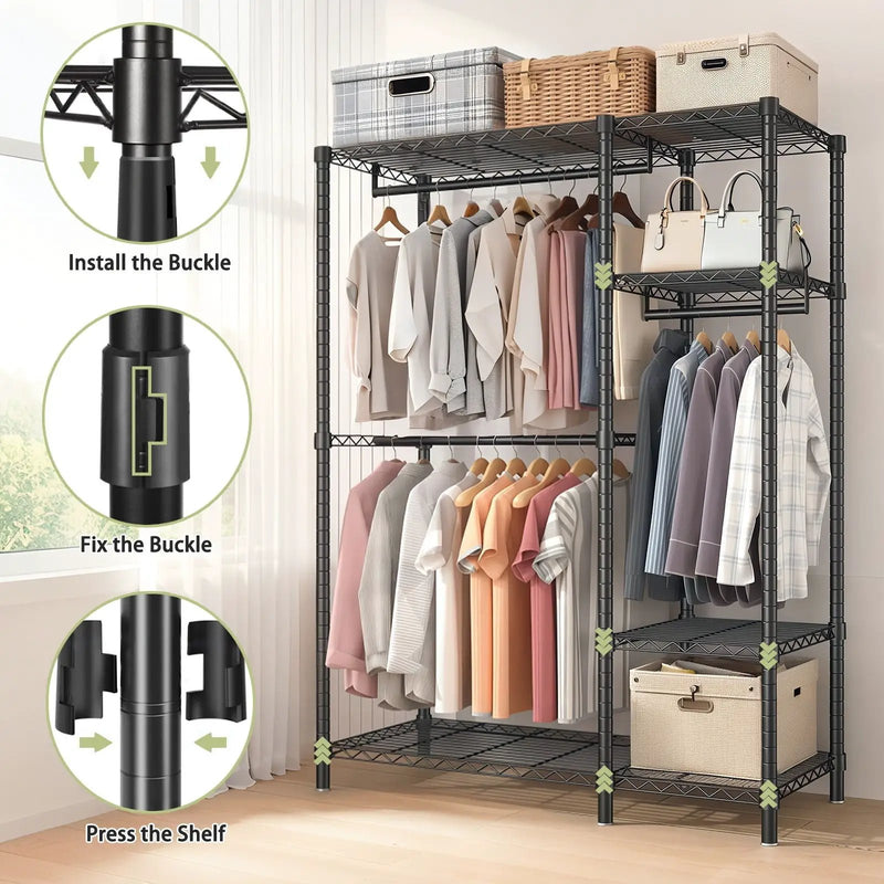 Freestanding Clothes Rack, With 6 Adjustable Wire Shelves And 3 Garment Rails - Black by Unique Piece Furniture