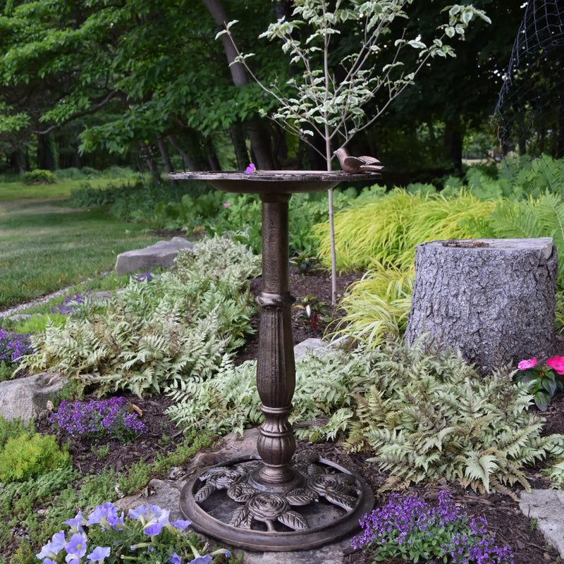 Round Cast Aluminum Metal 29-in Bronze Bird Bath with Roses by Sharicks