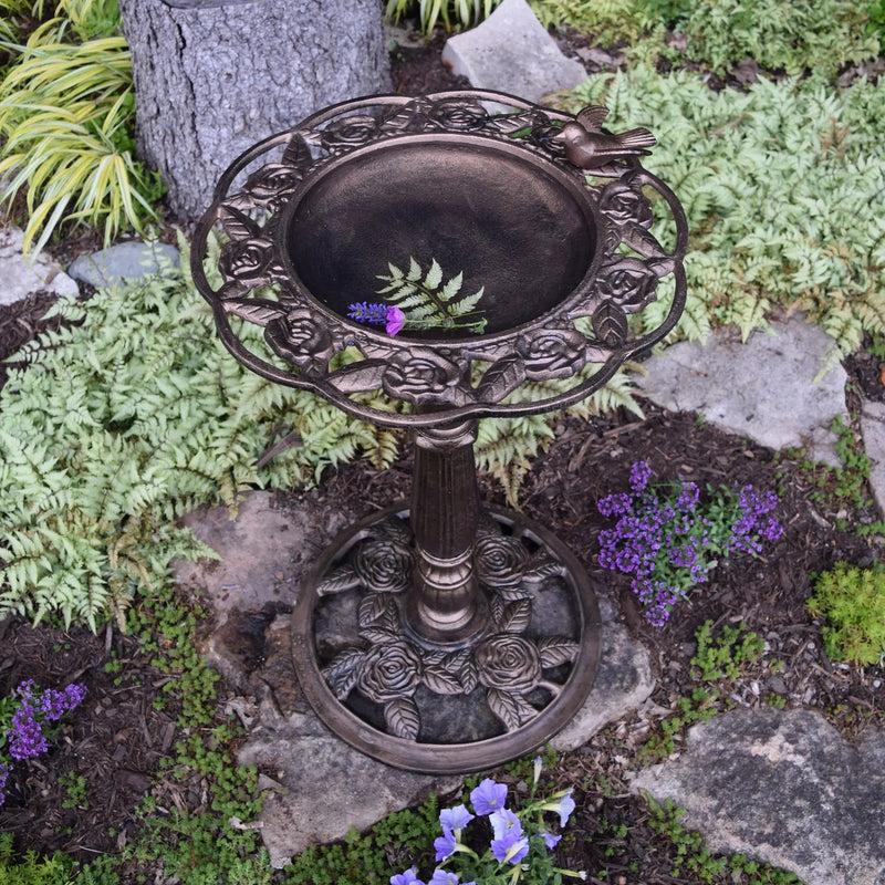 Round Cast Aluminum Metal 29-in Bronze Bird Bath with Roses by Sharicks