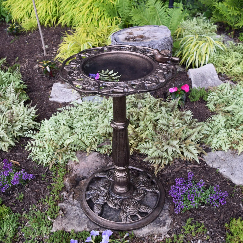 Round Cast Aluminum Metal 29-in Bronze Bird Bath with Roses by Sharicks