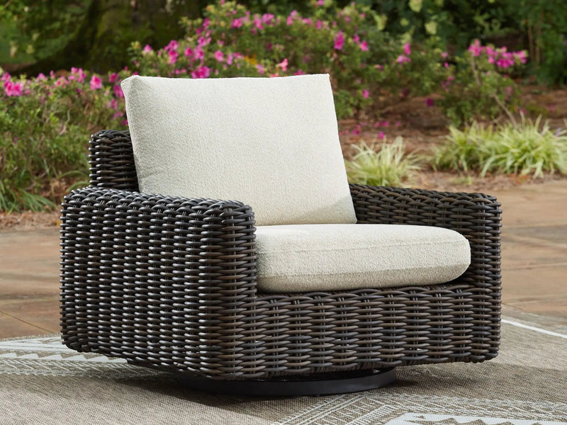 Kimora - 7 Pc. - 4-Piece Outdoor Sectional, Swivel Glider Lounge, Cocktail Table, End Table - Beige / Dark Brown by Unique Piece Furniture