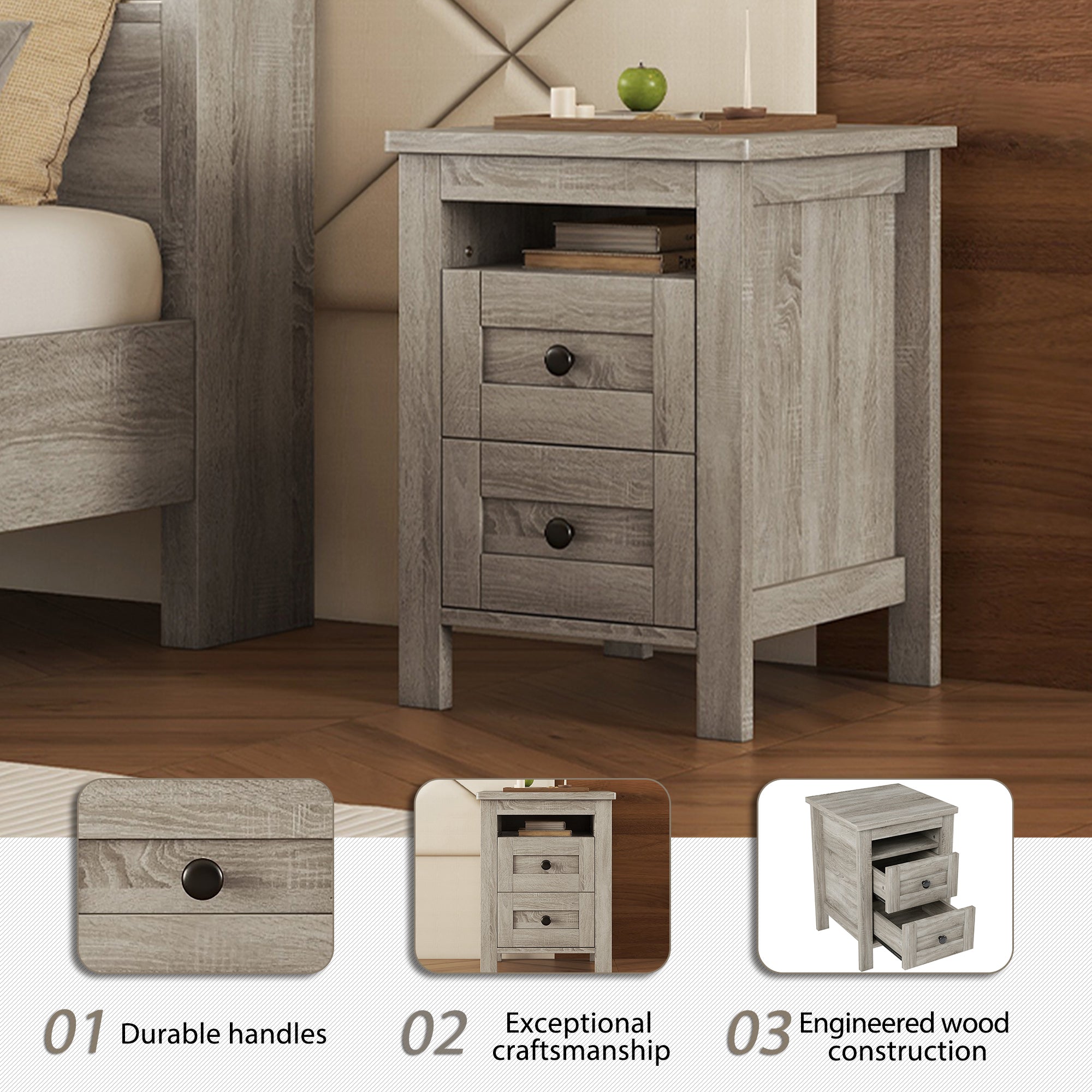 3-Pieces Bedroom Set Queen Size Farmhouse Platform Bed with Storage Headboard and Charging Station by HouseOfZazla