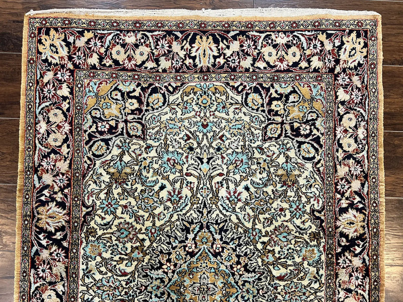 Silk Persian Qum Rug 4x5, Hand Knotted Vintage Carpet, Cream & Navy Blue, Silk Pile on Silk Foundation, Very Fine 360 KPSI by Jewel Rugs