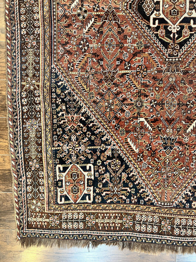 Antique Persian Shiraz Tribal Rug 6x8, Geometric Rug, Wool Handmade Hand Knotted Carpet, Red Blue by Jewel Rugs