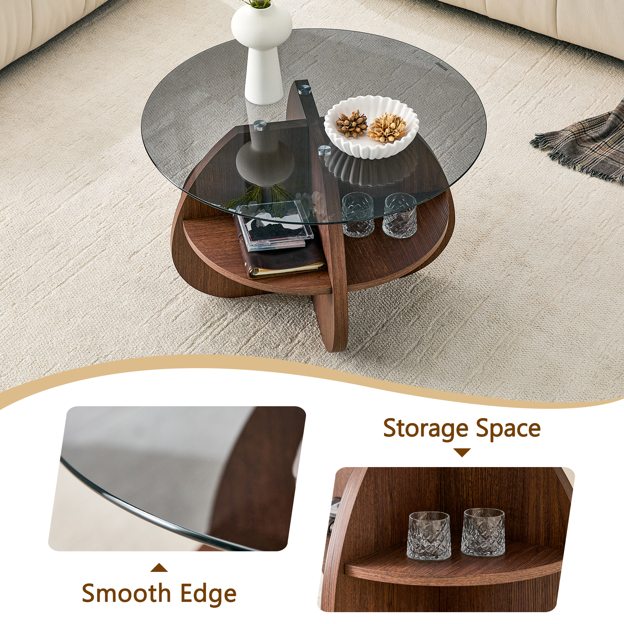 Creative Cross-Structure Round Coffee Table with Glass Top by HouseOfZazla