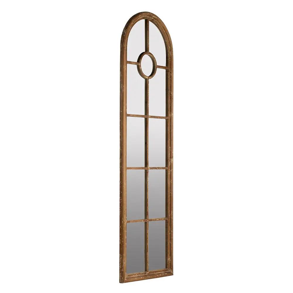 Half Round Elongated Mirror With Decorative Window Look Classic Architecture Style Solid Fir Wood Interior Decor - Brown by HouseOfZazla