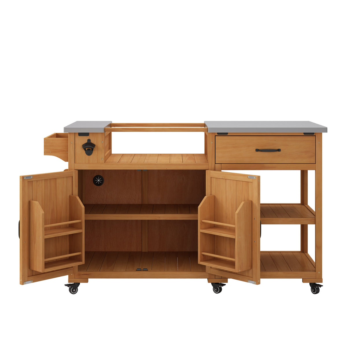 TOPMAX 55.4" Outdoor Solid Wood Kitchen Cart, Stainless Top Grill Cart, Kitchen Island with Spice Rack, Drawer, Adjustable Shelves and 4 Door Racks  for Patio, Deck, photo 6 of 10