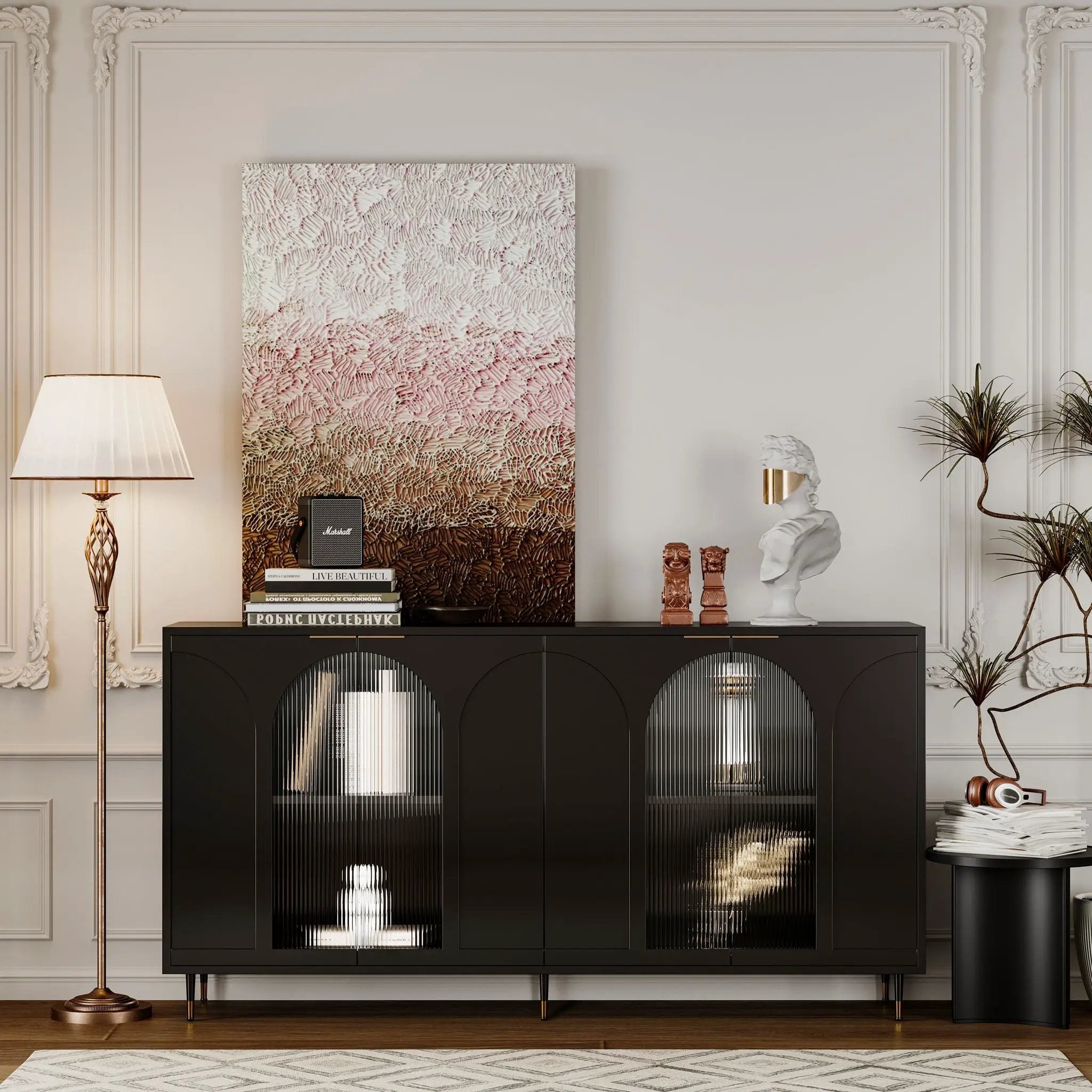 Accent Cabinet Lacquered Wooden Cabinet With 4 Glass Doors Sideboard Buffet Server Cabinet Storage Cabinet, For Living Room, Entryway, Hallway, Office, Kitchen And Dining Room by HouseOfZazla