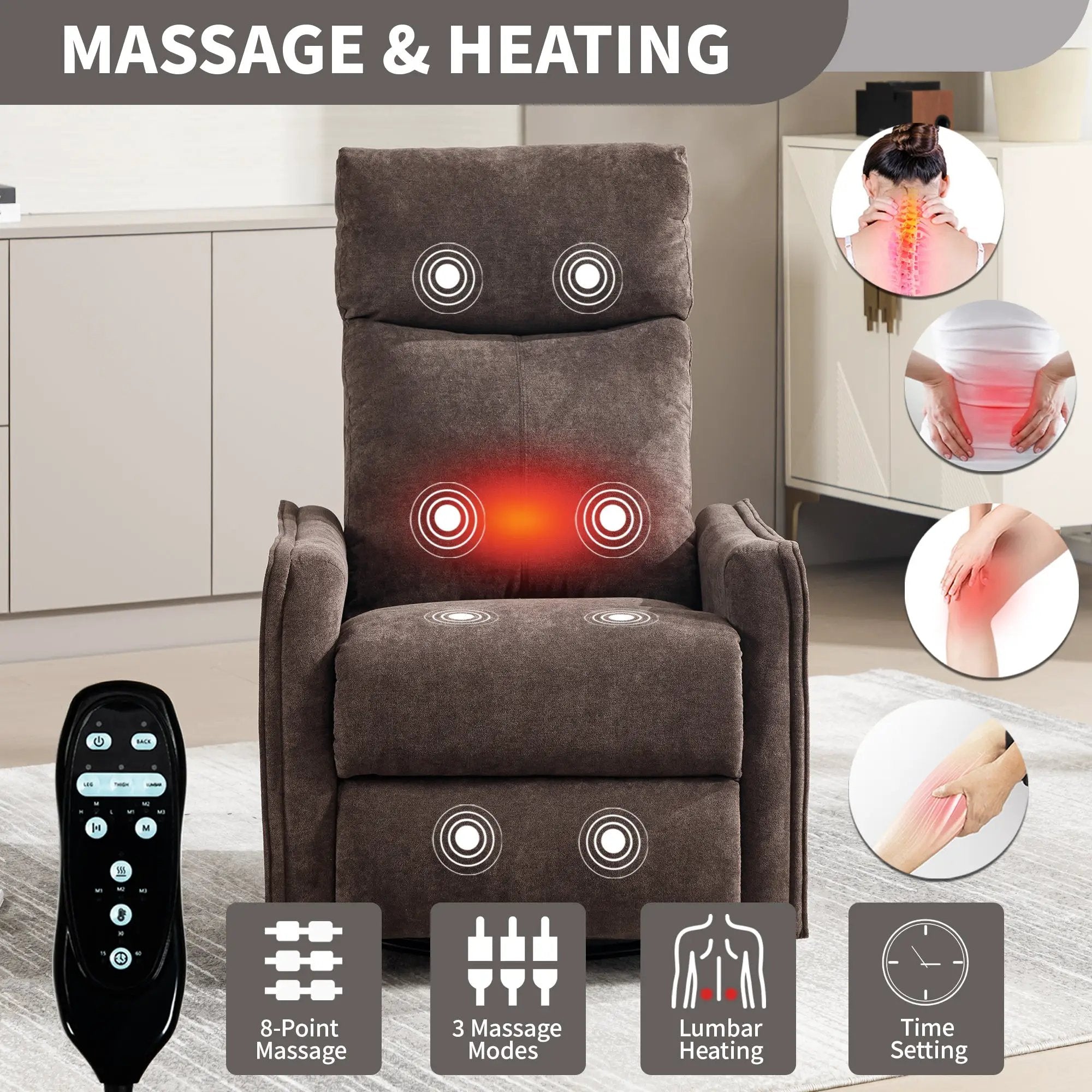 Heat Massage Manual Recliner Chair with Rocker and Swivel in Fabric by HouseOfZazla